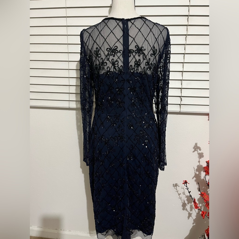Adrianna Papell Navy Beaded Long Sleeve Sheer Yoke Dress - Picture 2 of 7
